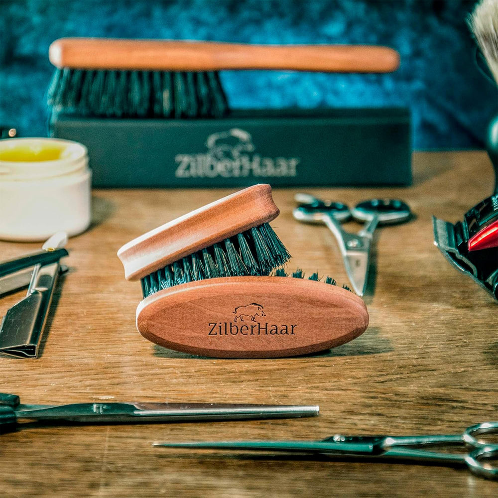 ZilberHaar beard itch relief with brush demonstrates skin exfoliation and smoother feel