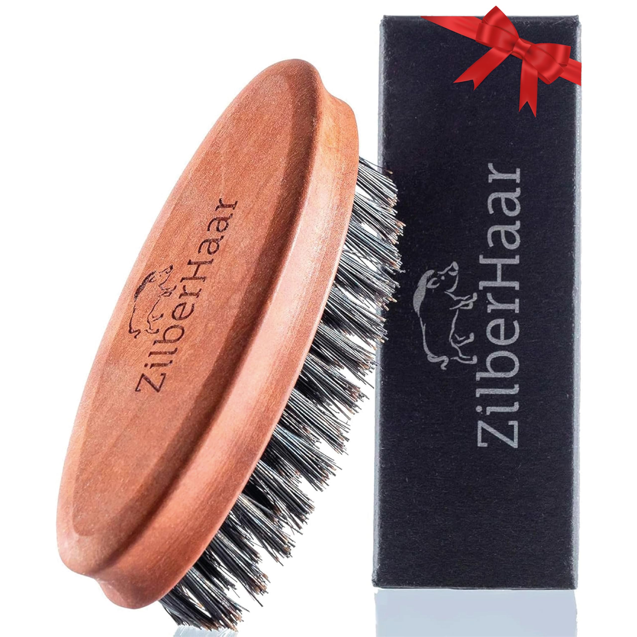 ZilberHaar Pocket Mustache and Beard Brush close-up shows stiff boar bristles for itch relief