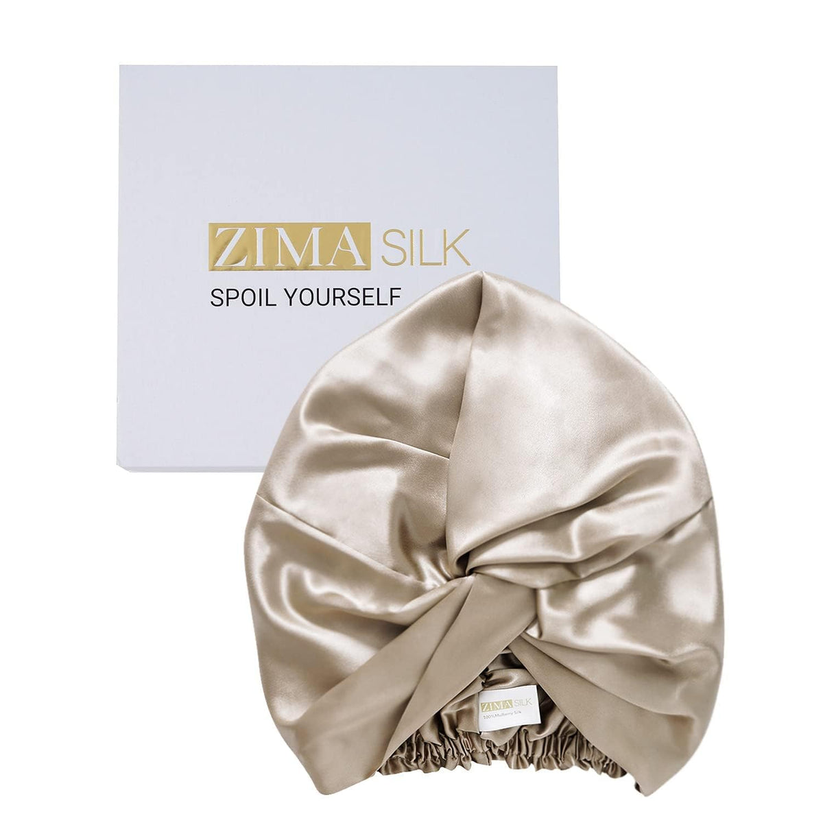 ZIMASILK 22 Momme silk bonnet on bed reduces friction for smooth mornings.