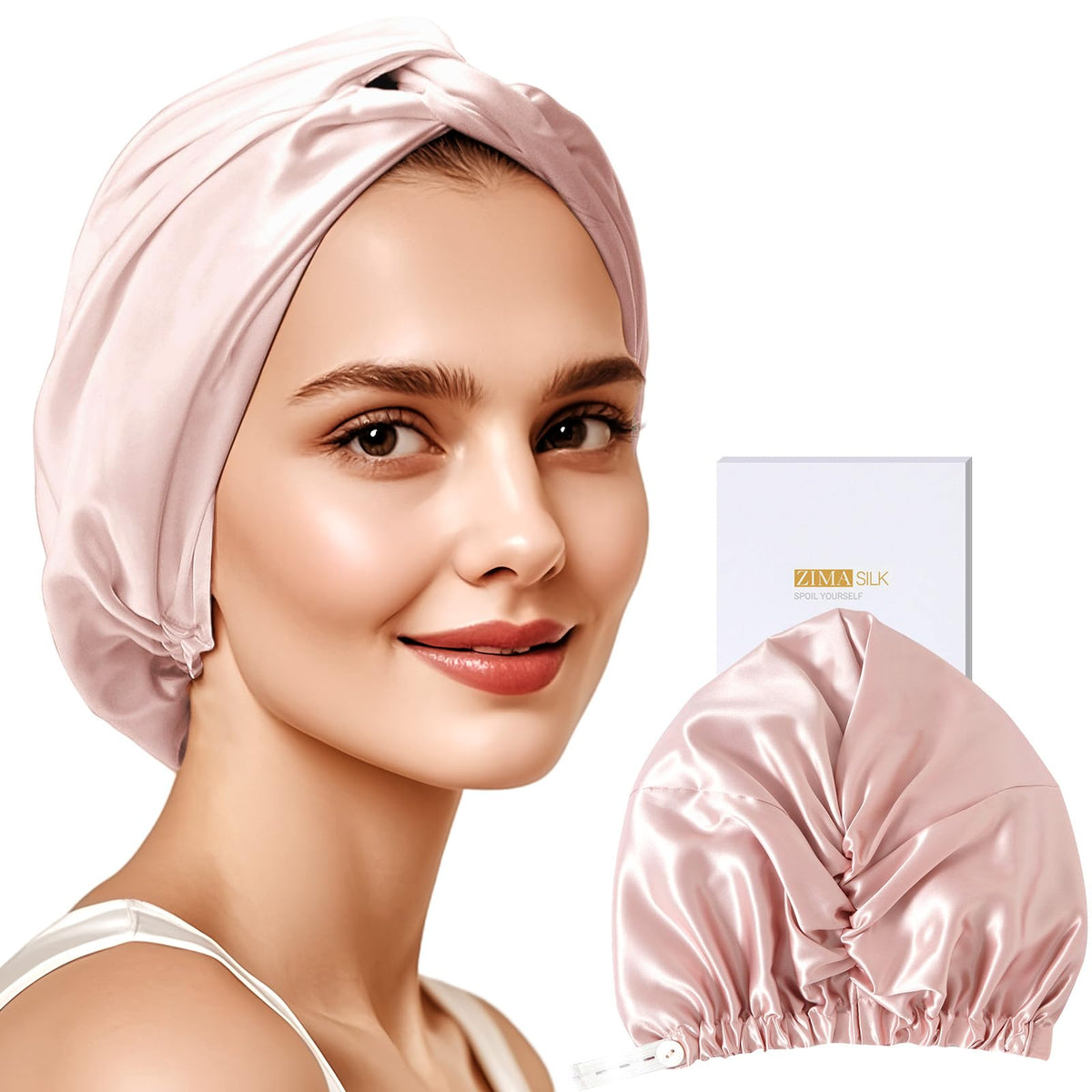 ZIMASILK 22 momme silk bonnet pink on head provides gentle hair protection