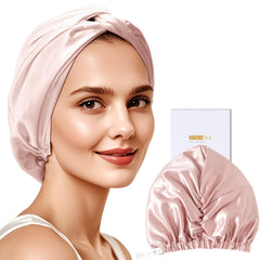 ZIMASILK 22 momme silk bonnet pink on head provides gentle hair protection
