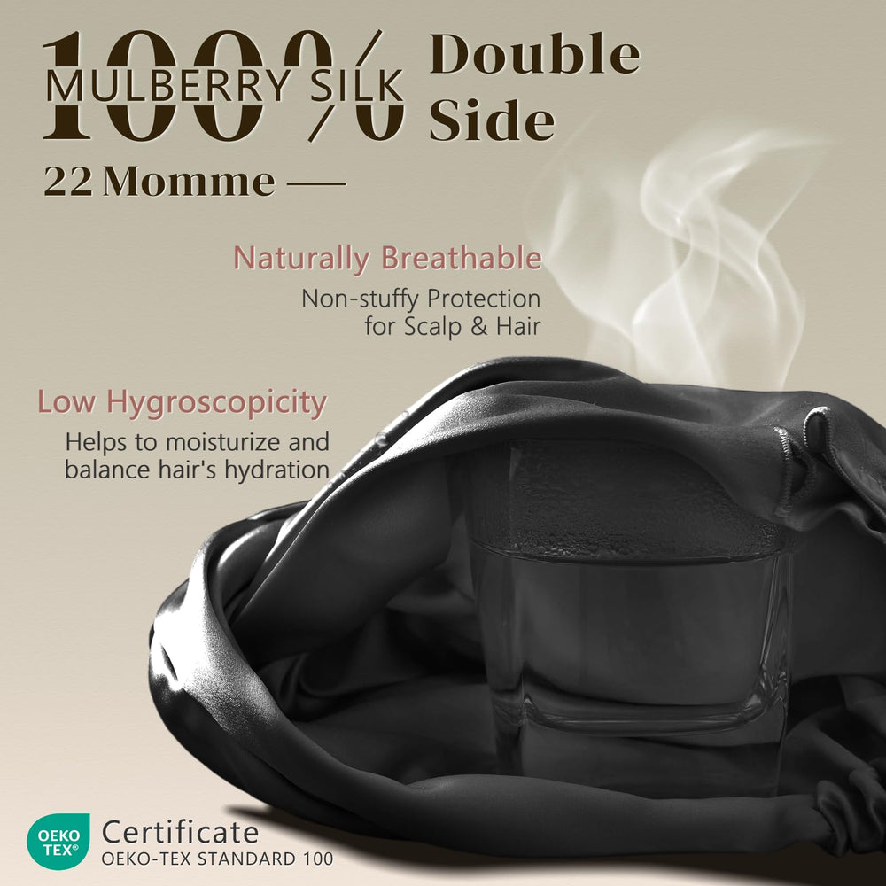 ZIMASILK bonnet shows adjustable elastic band for secure sleep fit