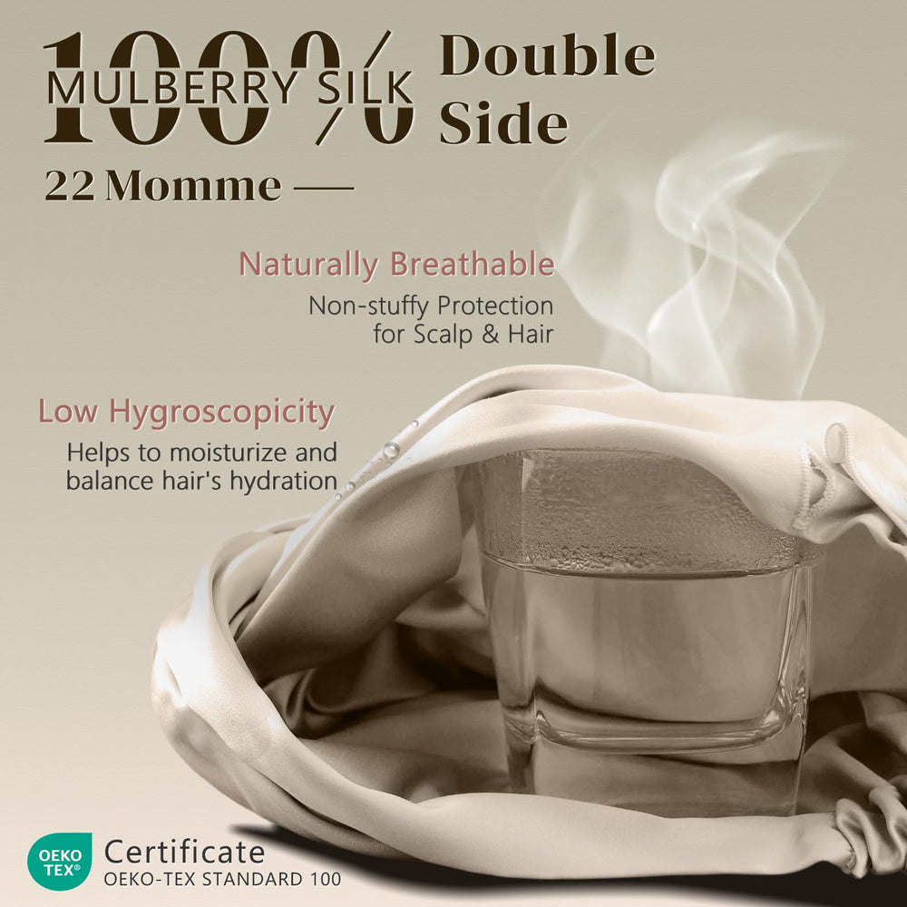ZIMASILK silk bonnet with adjustable elastic keeps hair secure during sleep.