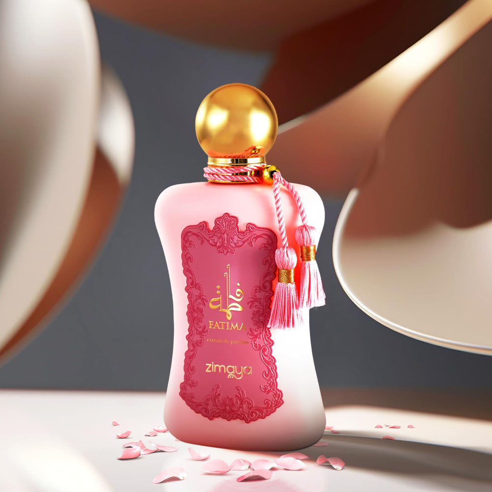Zimaya Fatima Pink Pour Femme bottle close-up highlighting luxurious scent.