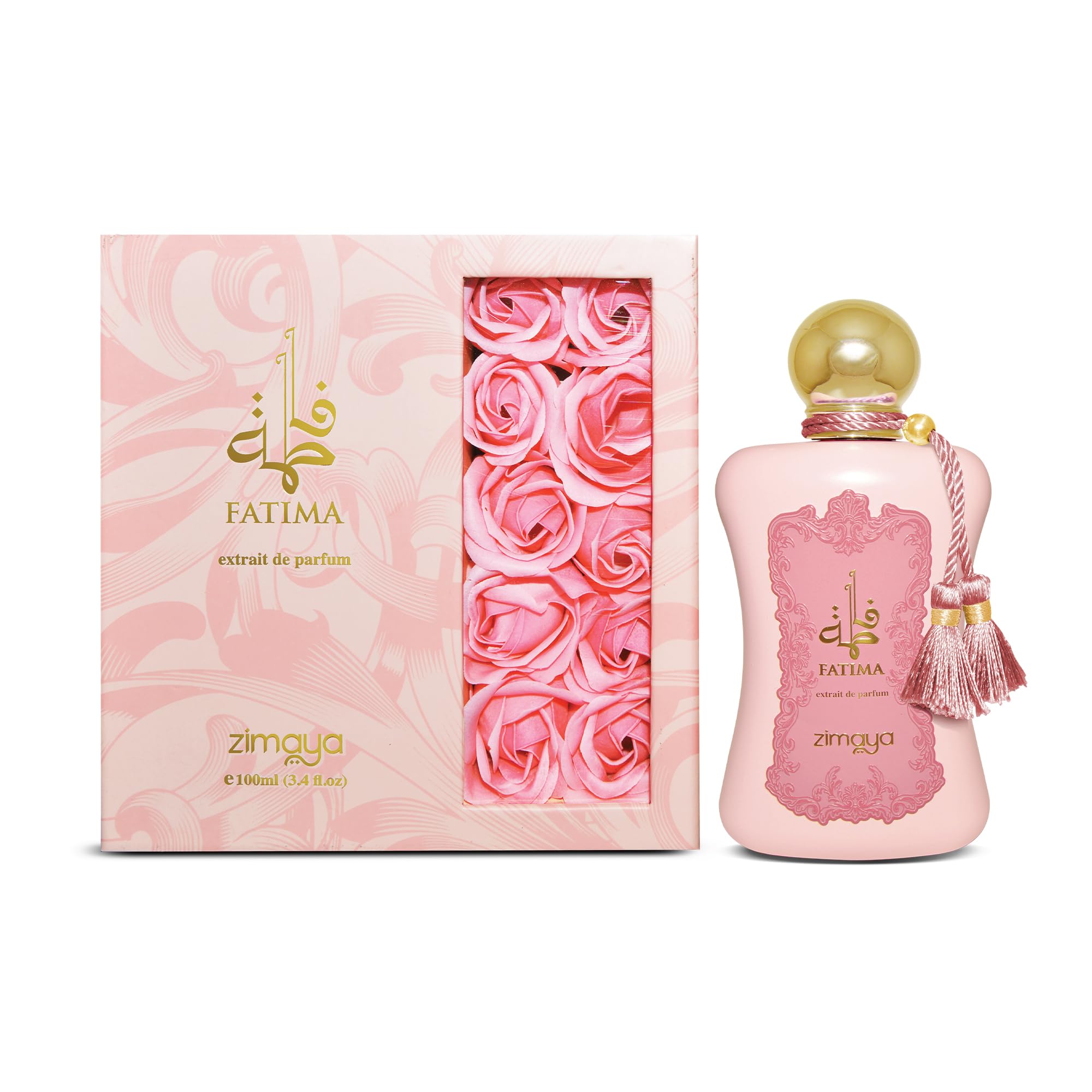 Zimaya Fatima Pink Pour Femme heart notes display with rose and peony for romance.