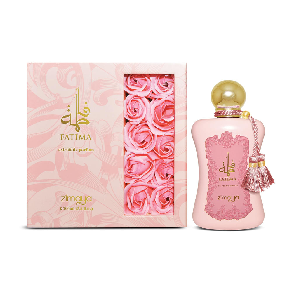 Zimaya Fatima Pink Pour Femme heart notes display with rose and peony for romance.