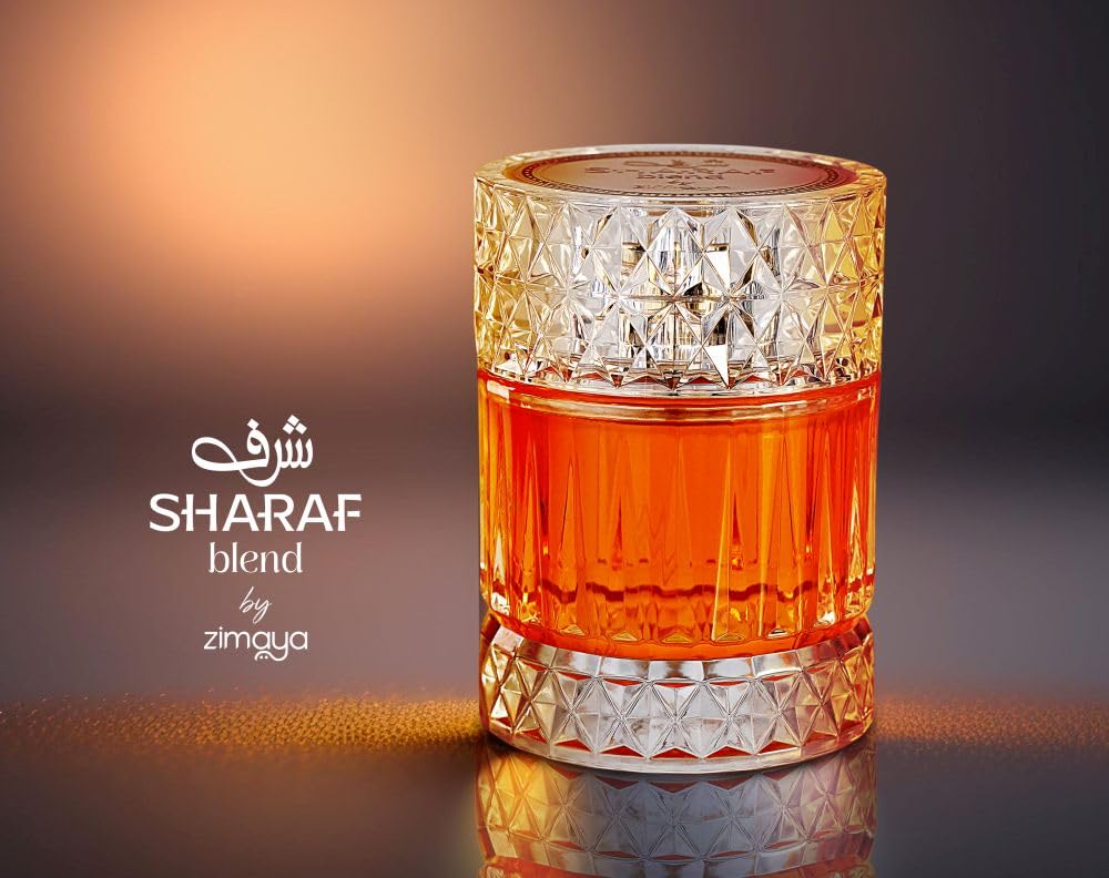 Zimaya Sharaf bottle pour shot, suggesting a bold evening fragrance.