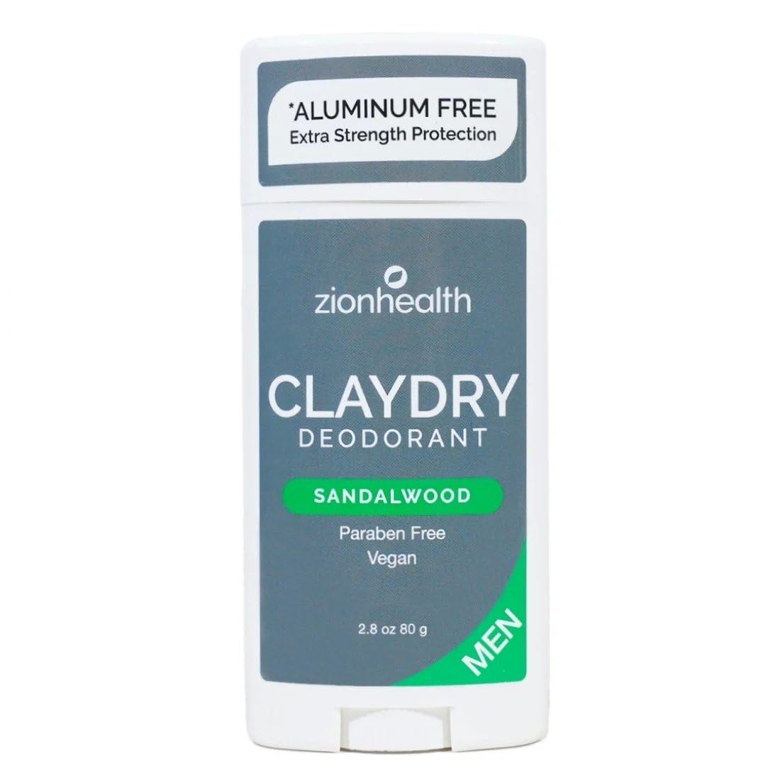 Zion Health clay dry deodorant stick in packaging shows sandalwood scent for daily freshness.