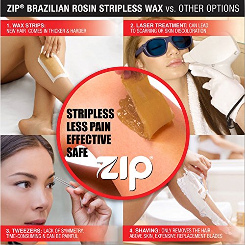 Zip Wax 7oz beeswax close-up highlights dense, strip-free formula for clean hair removal