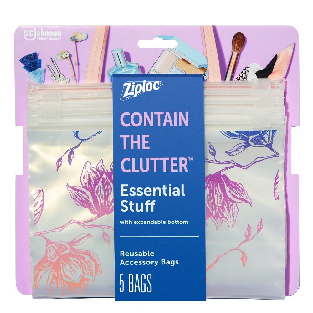 Ziploc Charm Collection reusable travel makeup bag keeps cosmetics organized on trips.