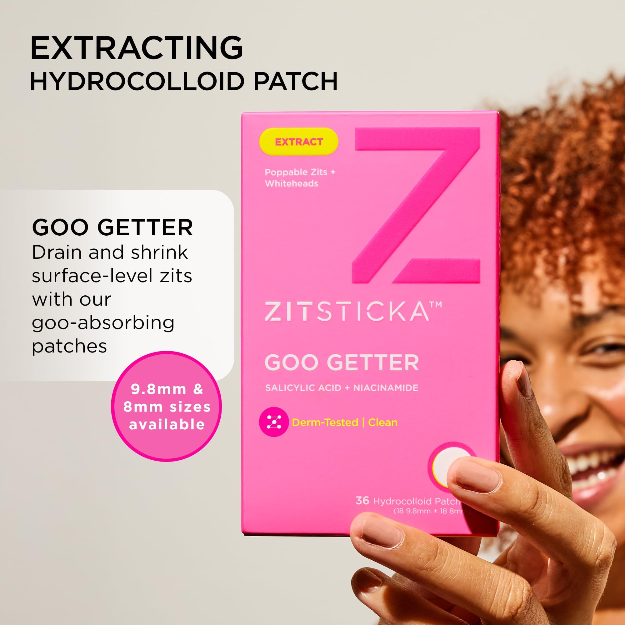 ZitSticka GOO GETTER face patch being applied to skin for facial pimples