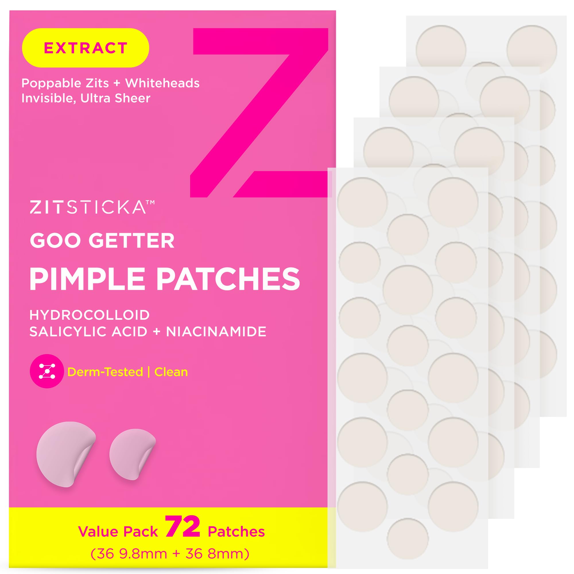 ZitSticka Goo Getter patch pack shot highlights hydrocolloid coverage for impurity extraction.