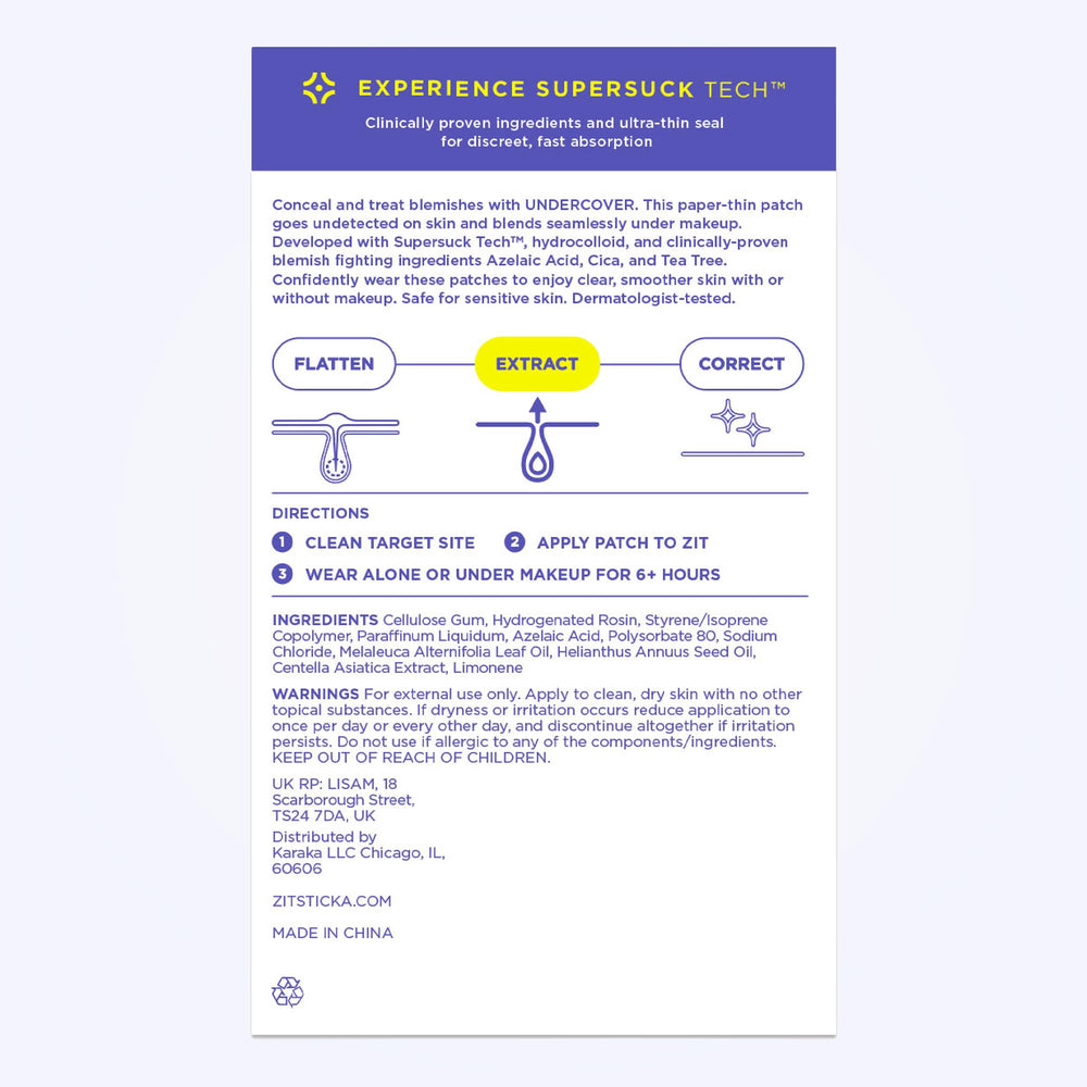 ZitSticka Undercover patches on skin illustrate invisibility and moisture balance.
