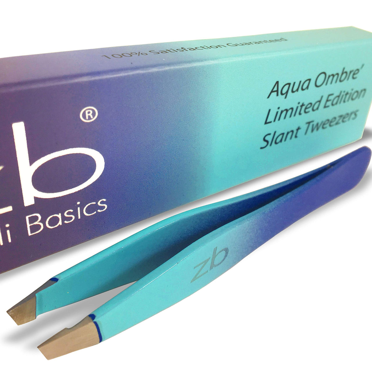 Zizzili Basics tweezers aqua-ombre slant close-up for precise brow shaping