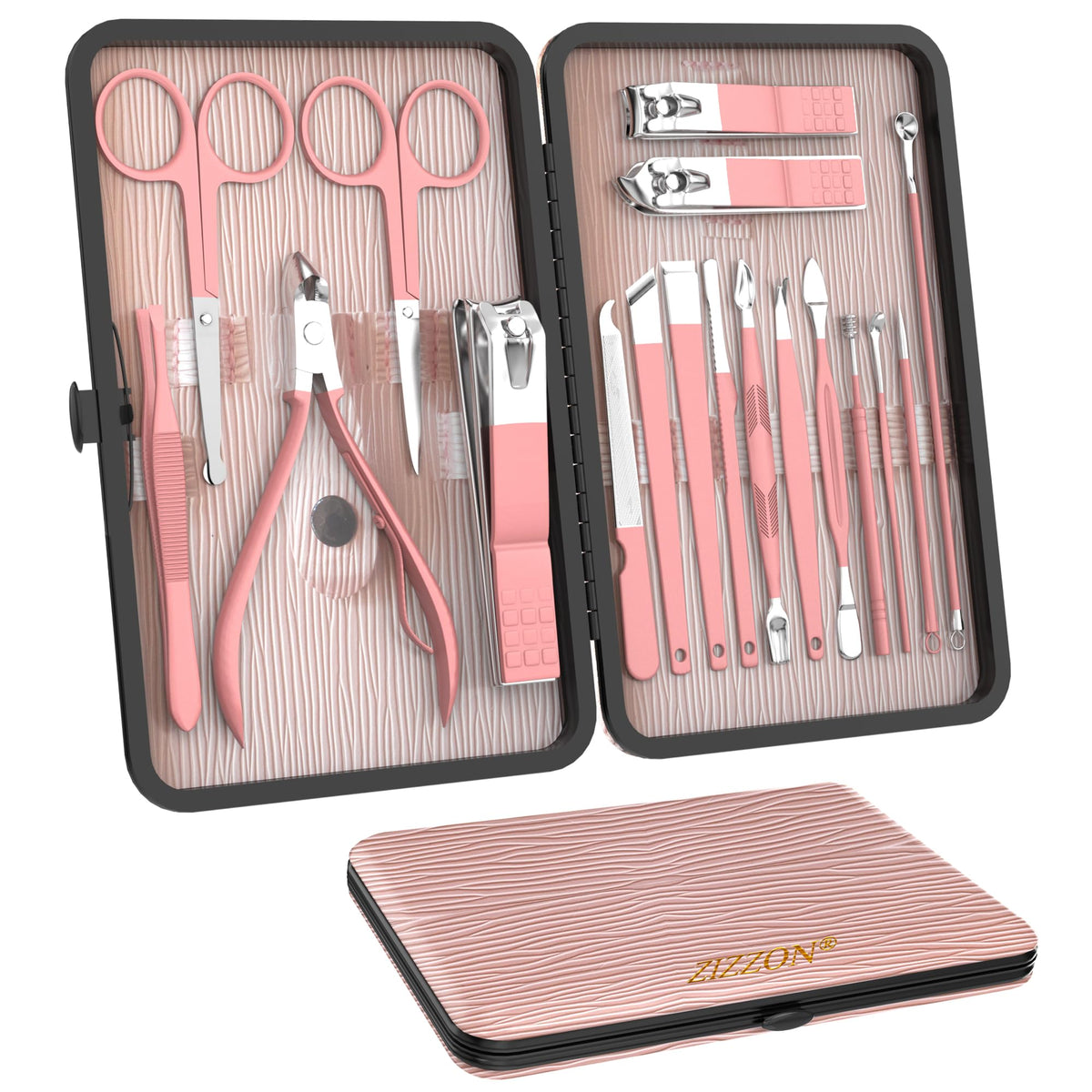 ZIZZON 18-in-1 manicure set with the case open for travel-ready organization.