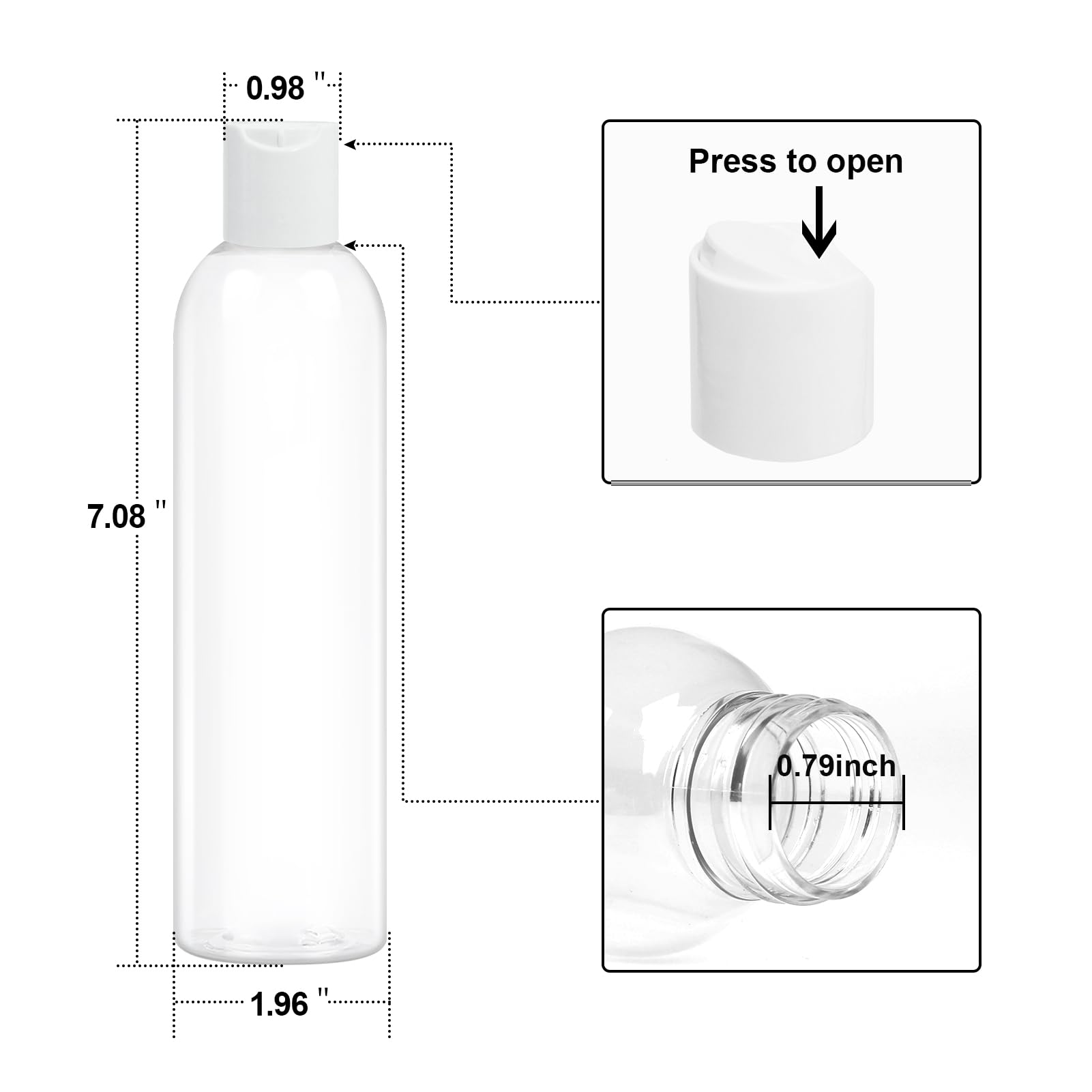 ZLEVEAYN 2-pack 8oz clear bottles, side view showing leak-proof disc-cap design.