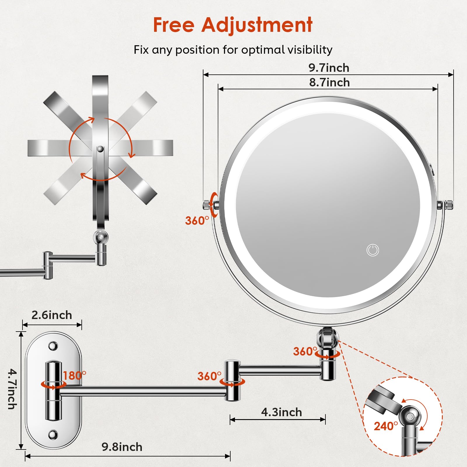 ZLOKLA extendable-arm wall-mounted mirror in-use angle for accurate grooming