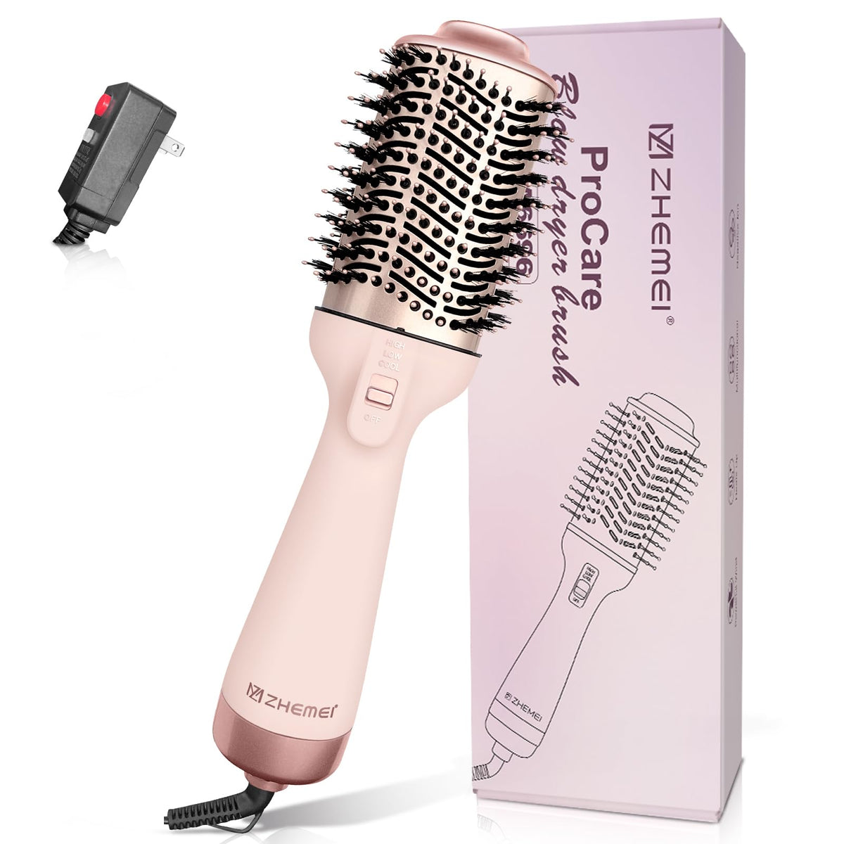 ZM ZHEMEI hair dryer brush rosegold front view adds shine with 1300W power