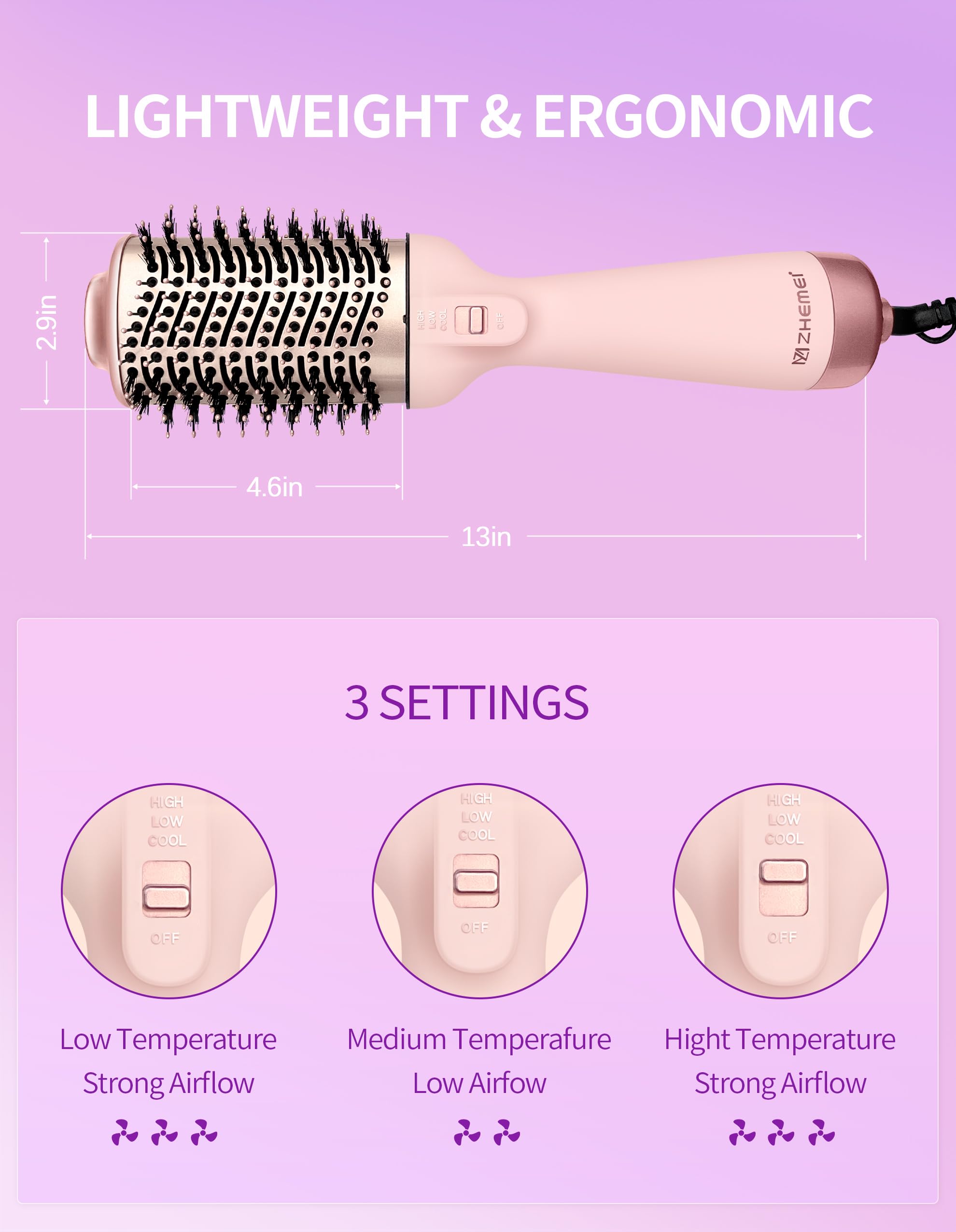 ZM ZHEMEI hair dryer brush rosegold rear view shows compact design for storage