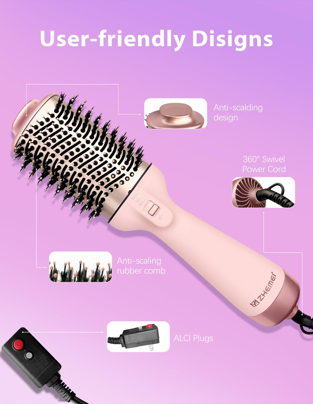 ZM ZHEMEI hair dryer brush rosegold settings highlight three temps and two speeds