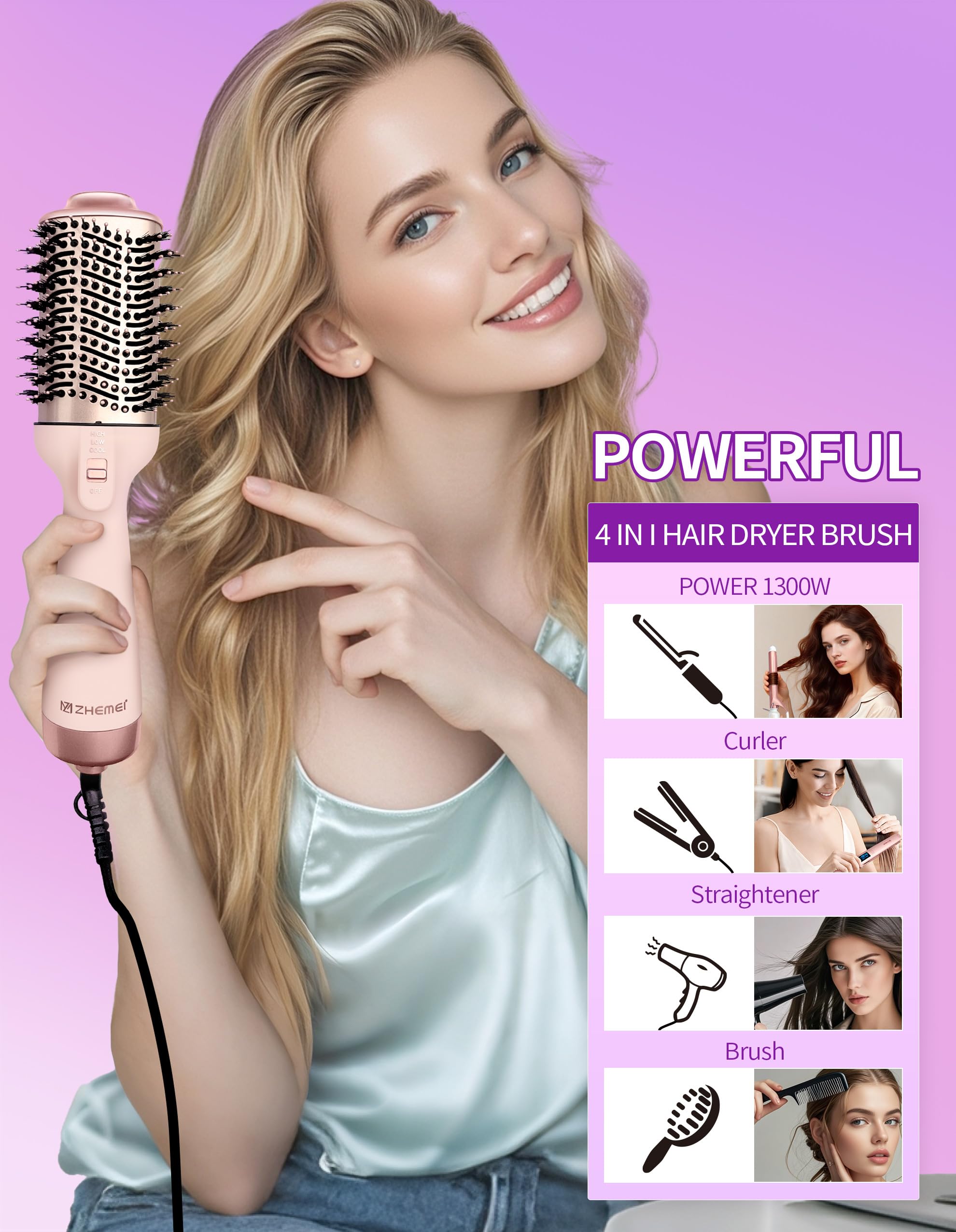 ZM ZHEMEI hair dryer brush rosegold side view boosts volume with quick styling