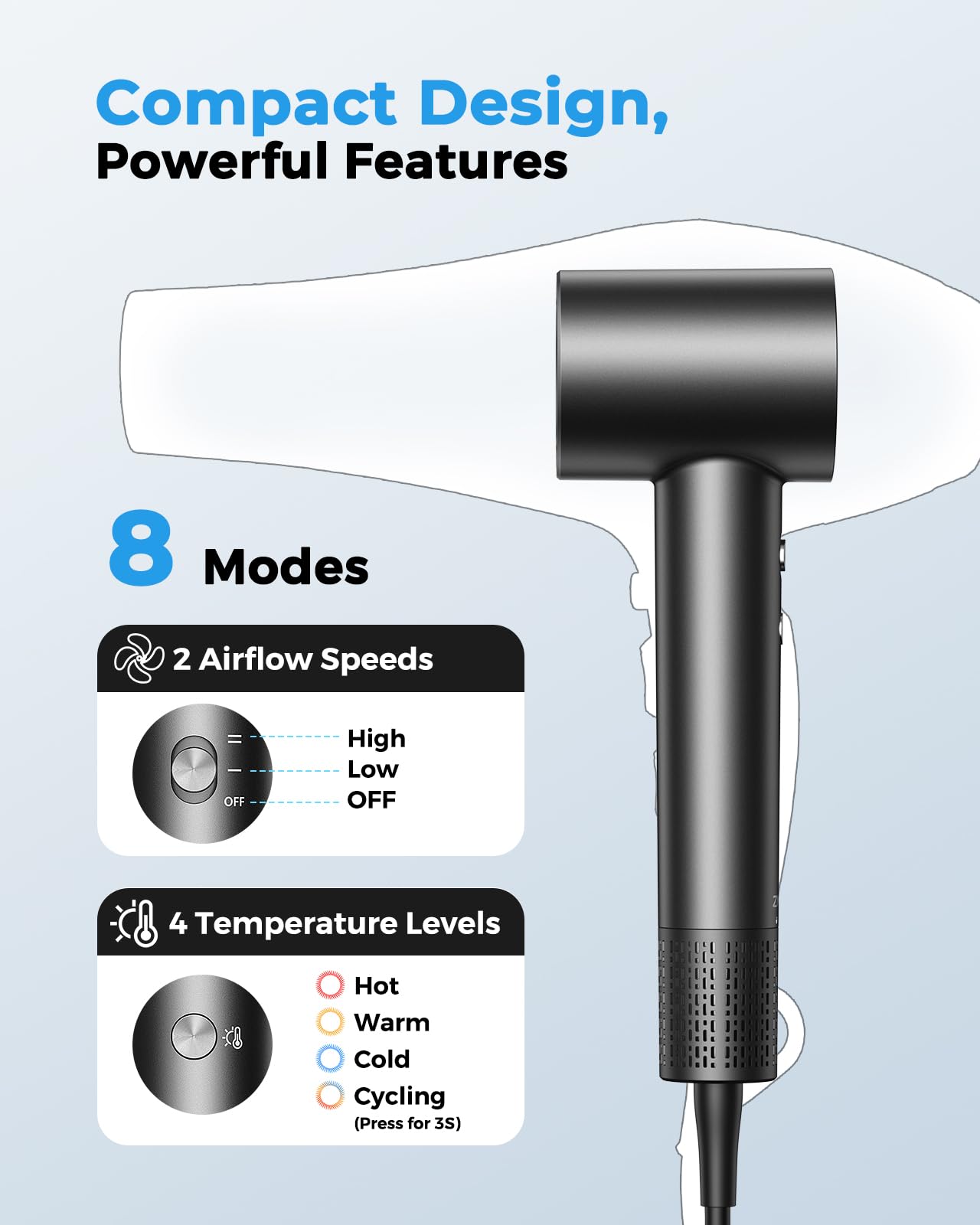 ZMZW four heat settings and two speeds enable customized drying for any hair type