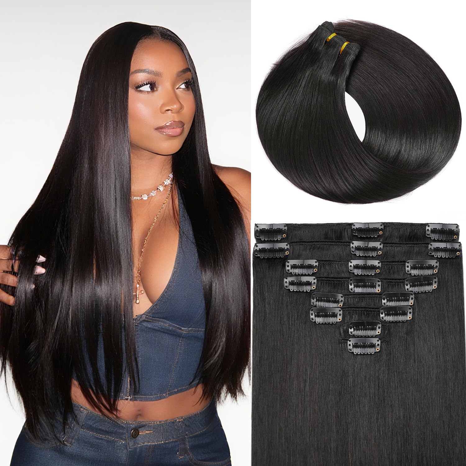 ZNXDJXE clip-in extensions 18-inch natural black for fuller look