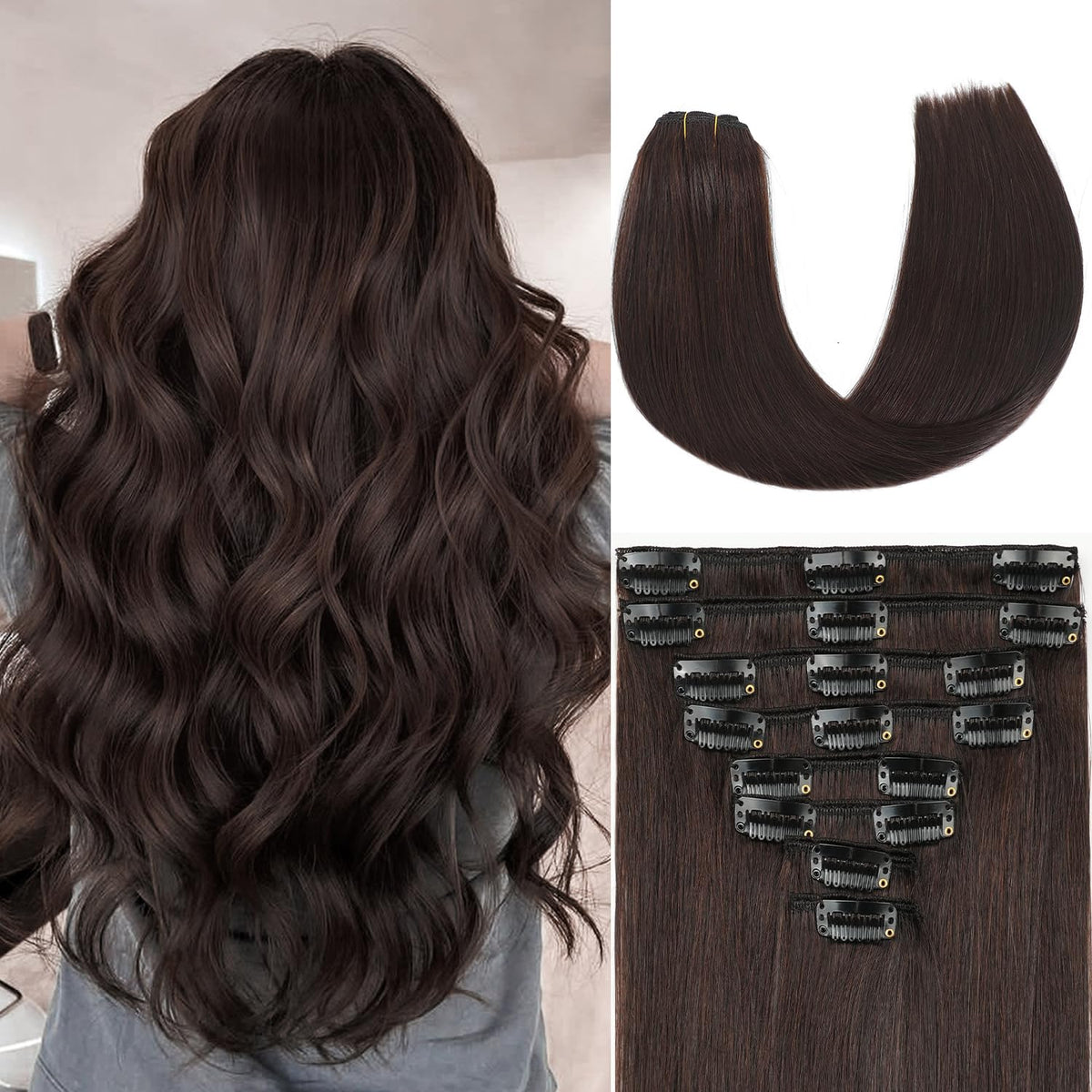 ZNXDJXE dark brown clip-in extensions pack for instant natural fullness.