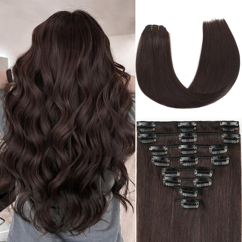 ZNXDJXE dark brown clip-in extensions packaging for quick wear and easy shopping