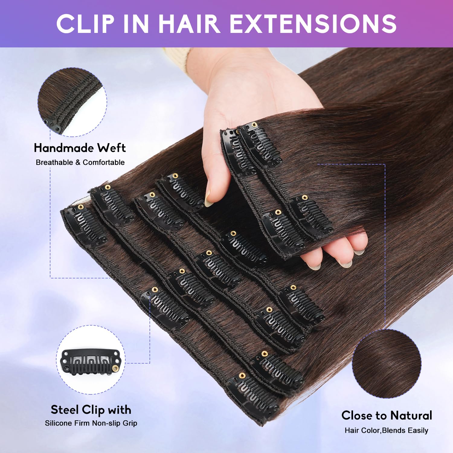 ZNXDJXE double-weft clip-in extensions for durable, secure attachment.
