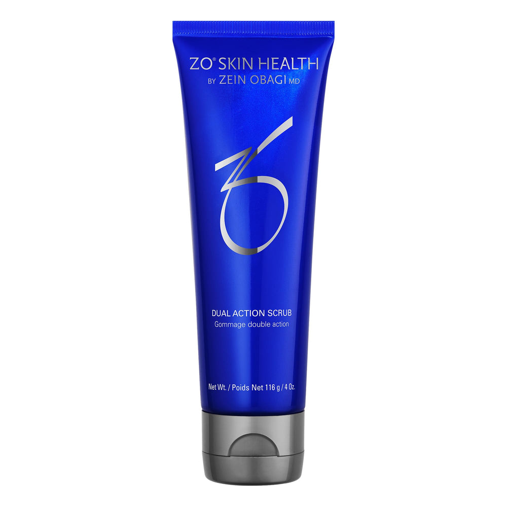 ZO SKIN HEALTH Dual Action Scrub bottle closeup shows gentle exfoliation for smoother skin.