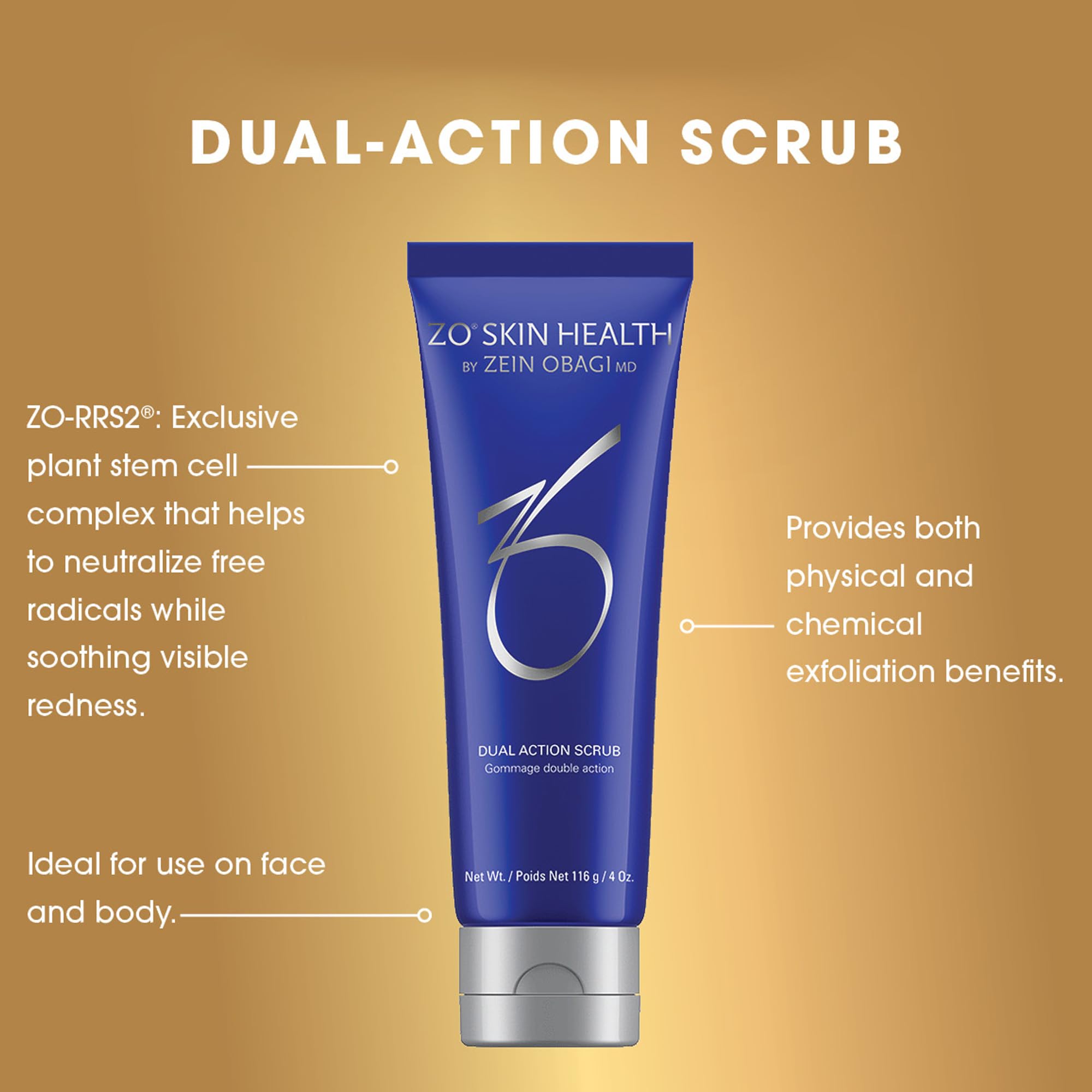 ZO SKIN HEALTH Dual Action Scrub label design showcases premium skincare branding and trust.