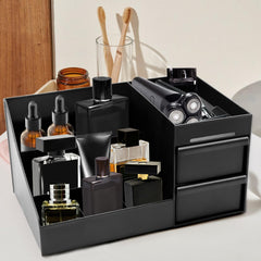 ZOCONE perfume stand side angle highlights easy access to colognes and grooming products.