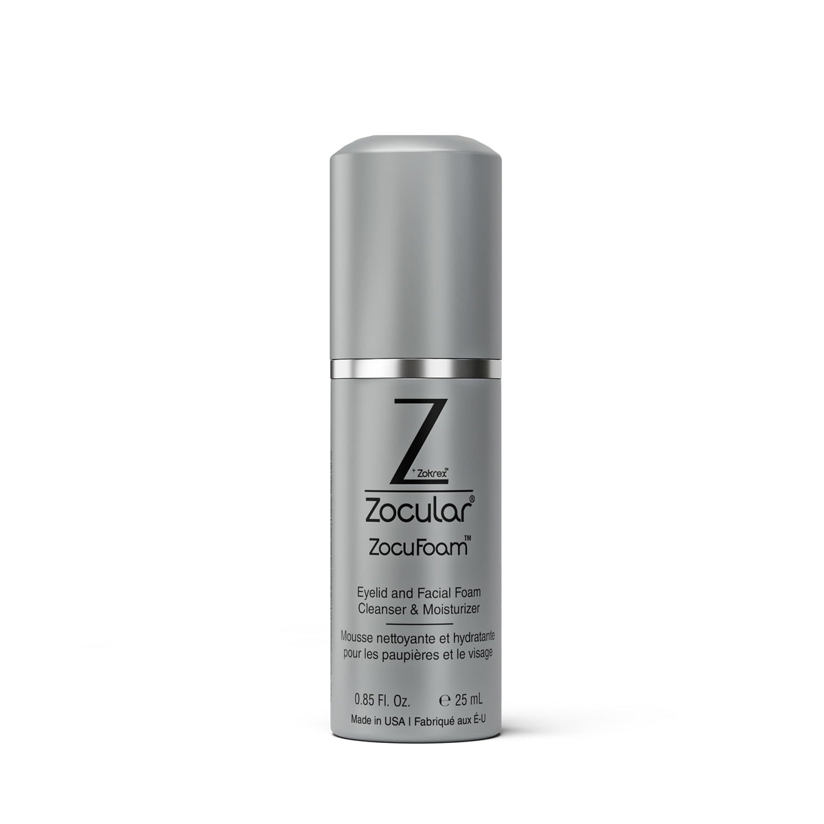 Zocular ZocuFoam bottle close-up showing gentle eyelid cleansing for dry eye relief.