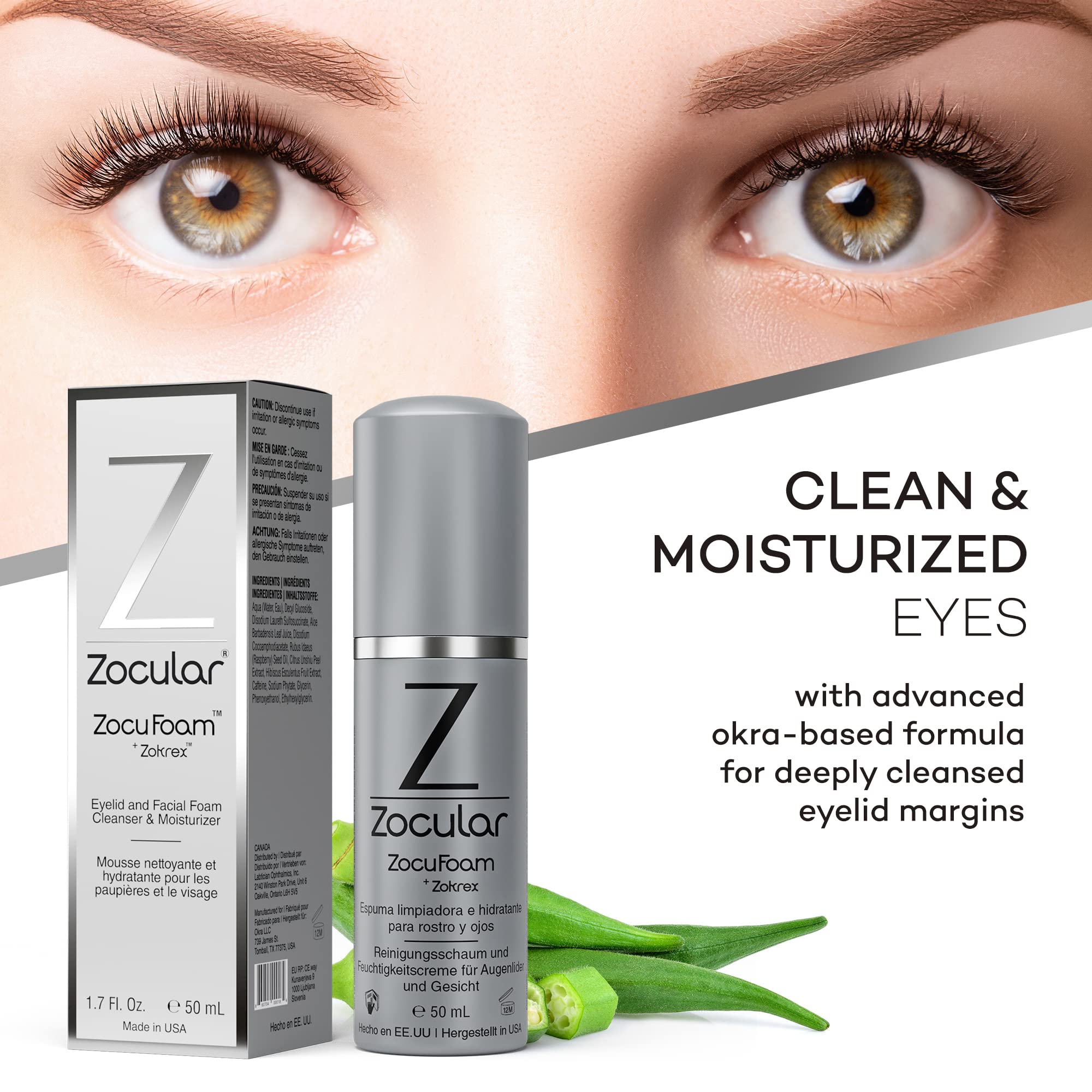 Zocular ZocuFoam application on lid highlights soothing cleansing for sensitive eyes.