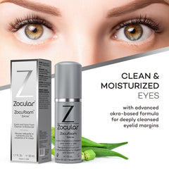 Zocular ZocuFoam application on lid highlights soothing cleansing for sensitive eyes.