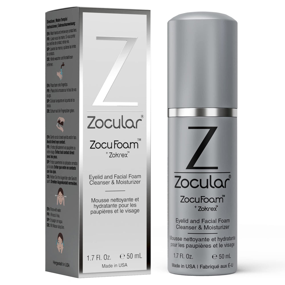 Zocular ZocuFoam bottle offering gentle eyelid cleansing for daily hygiene.