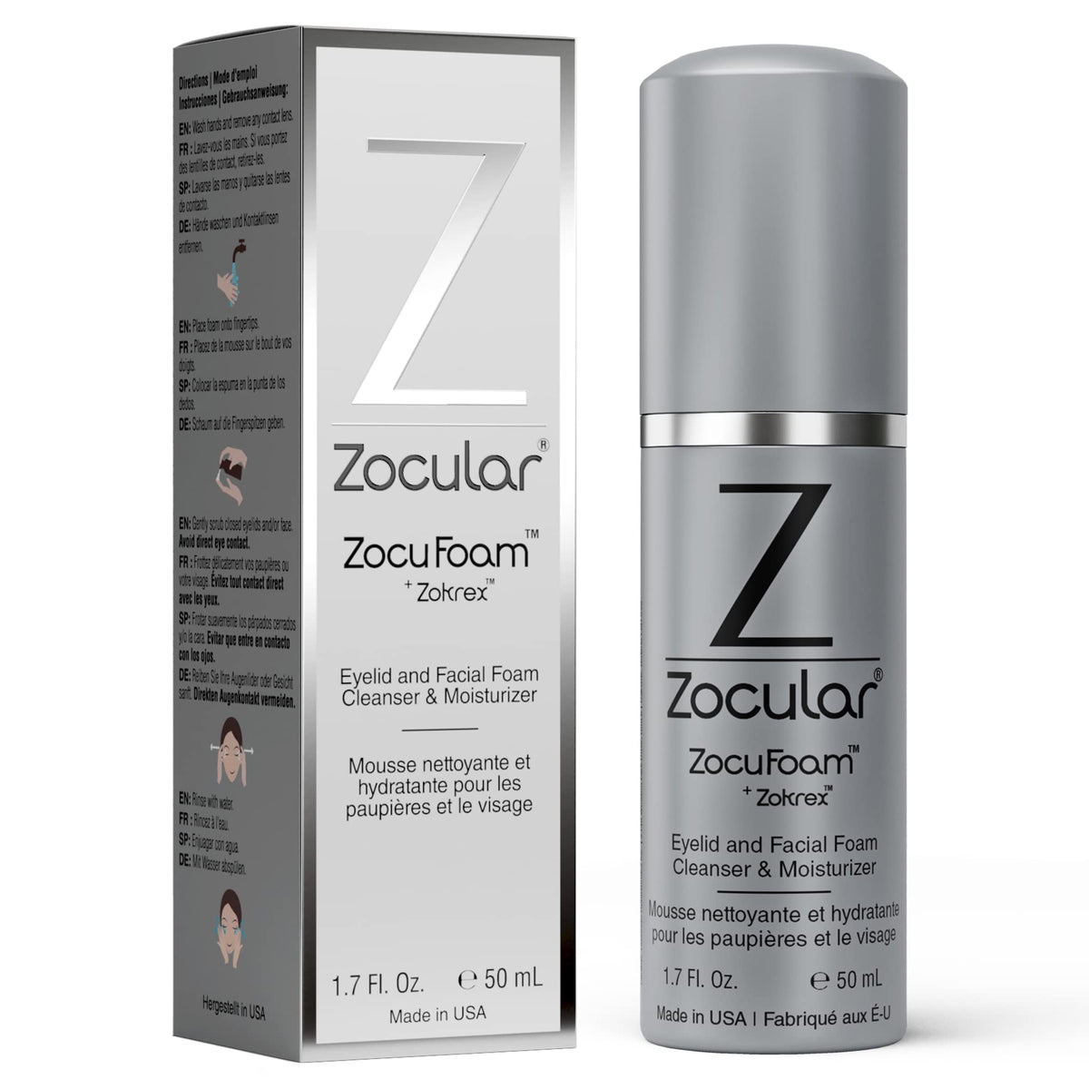 Zocular ZocuFoam bottle offering gentle eyelid cleansing for daily hygiene.