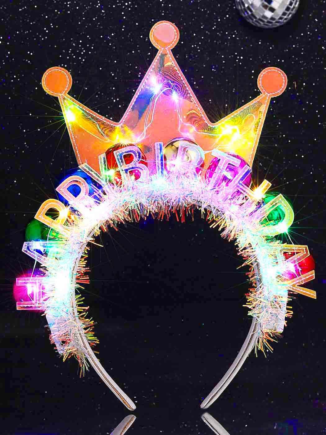 Zoestar light-up birthday crown headband front view glowing for festive party vibes.