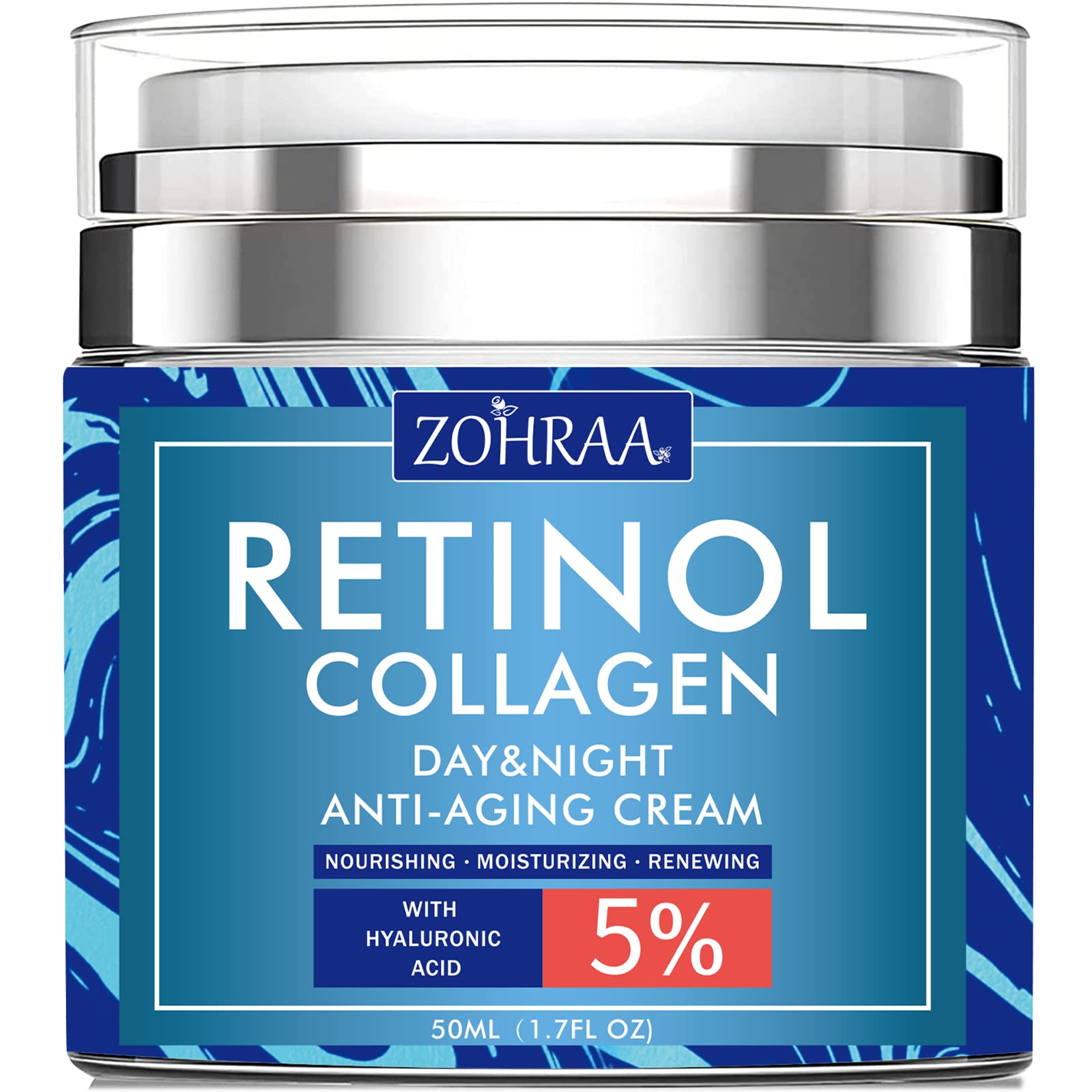ZOHRAA retinol cream bottle pour shows easy-dispense packaging for daily use