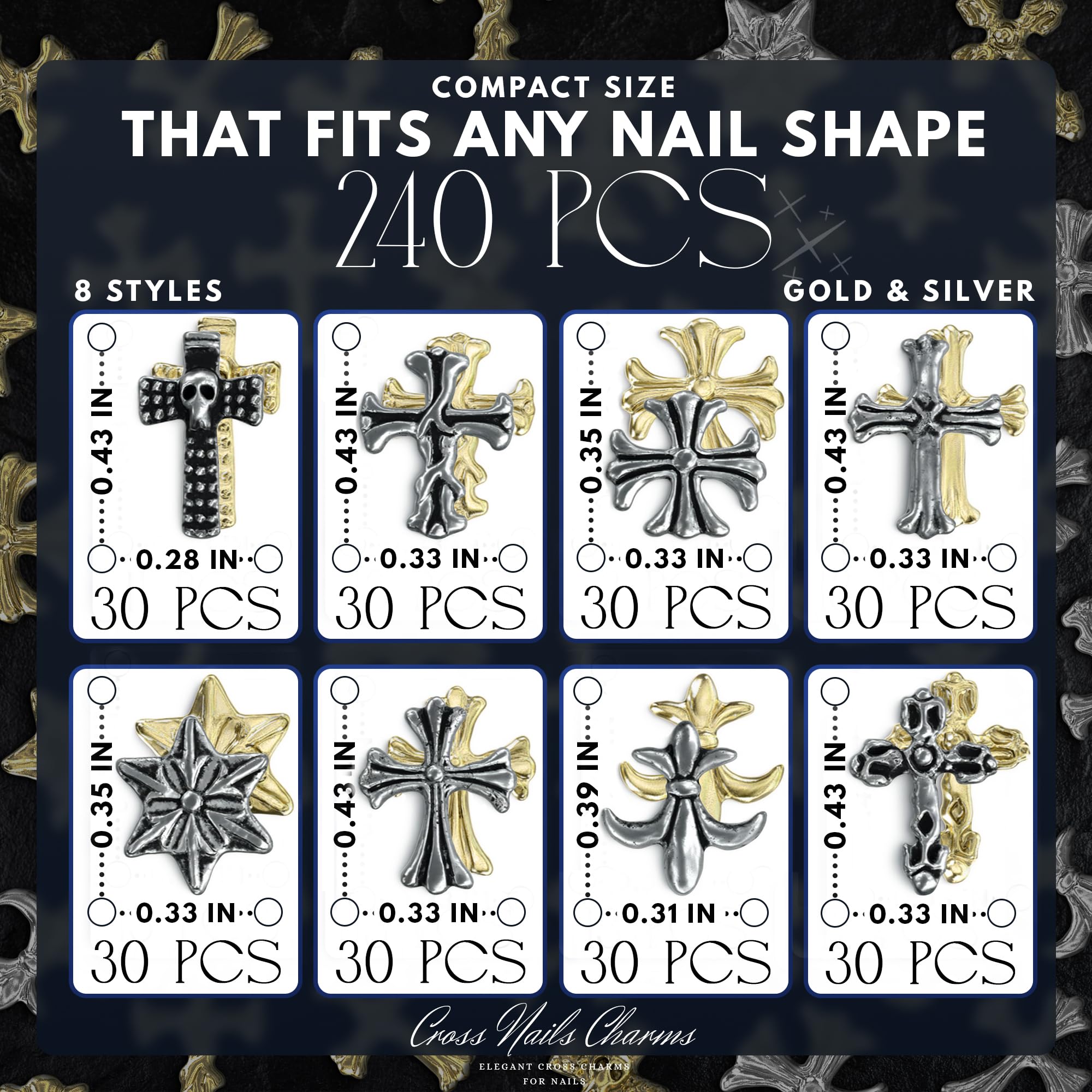 ZOKLU cross nail charms with 3D metallic finish add depth to nails.