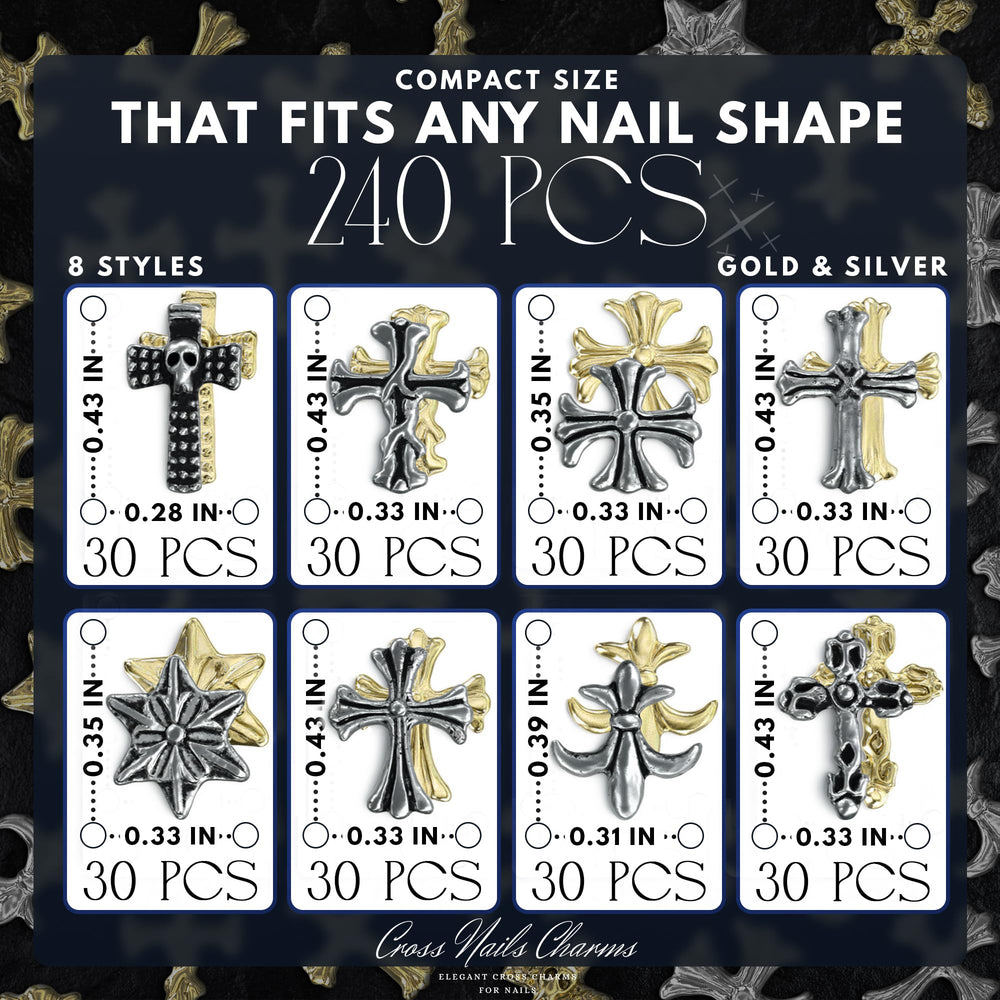 ZOKLU cross nail charms with 3D metallic finish add depth to nails.