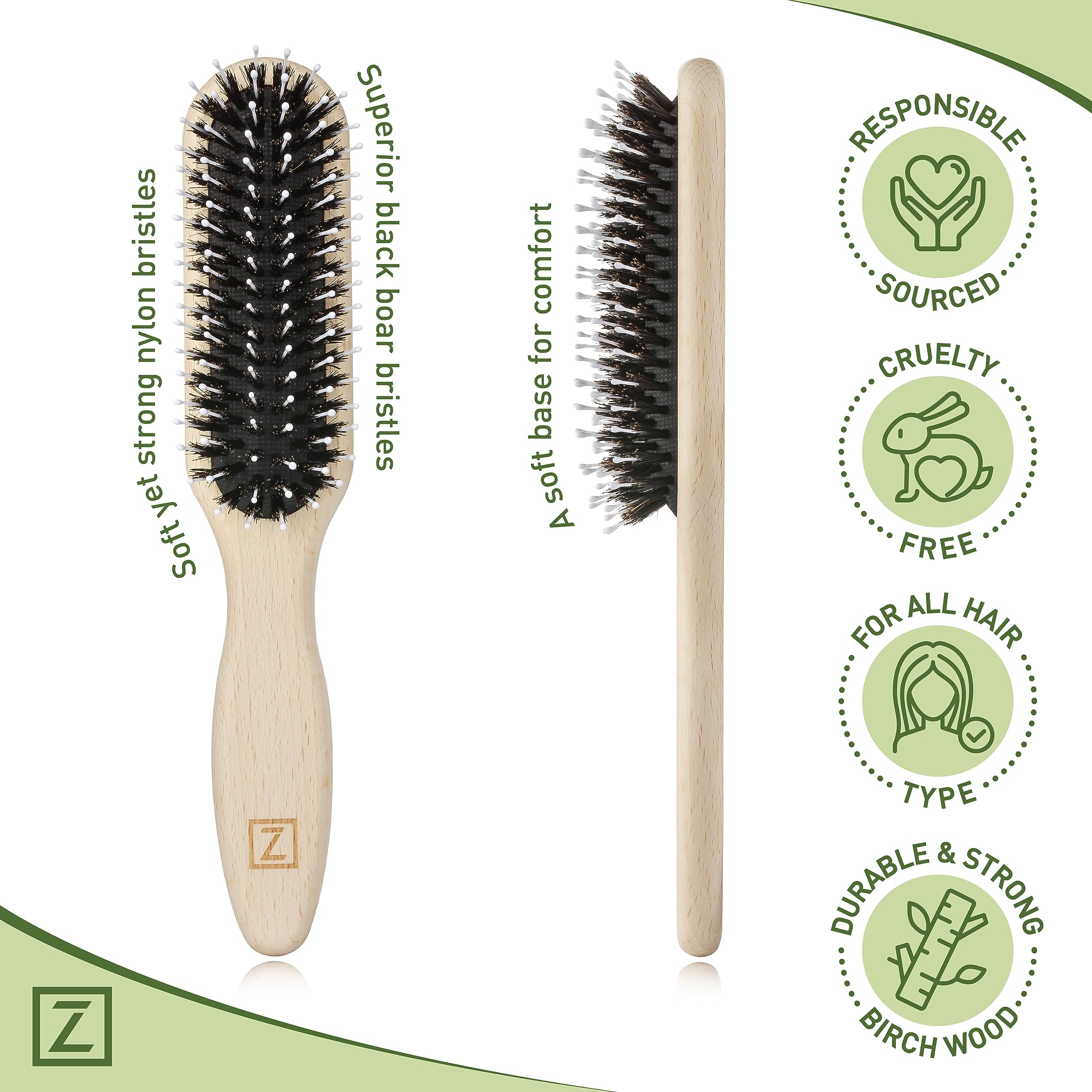 Zollo long paddle brush birch wood handle supports durable, comfortable styling.