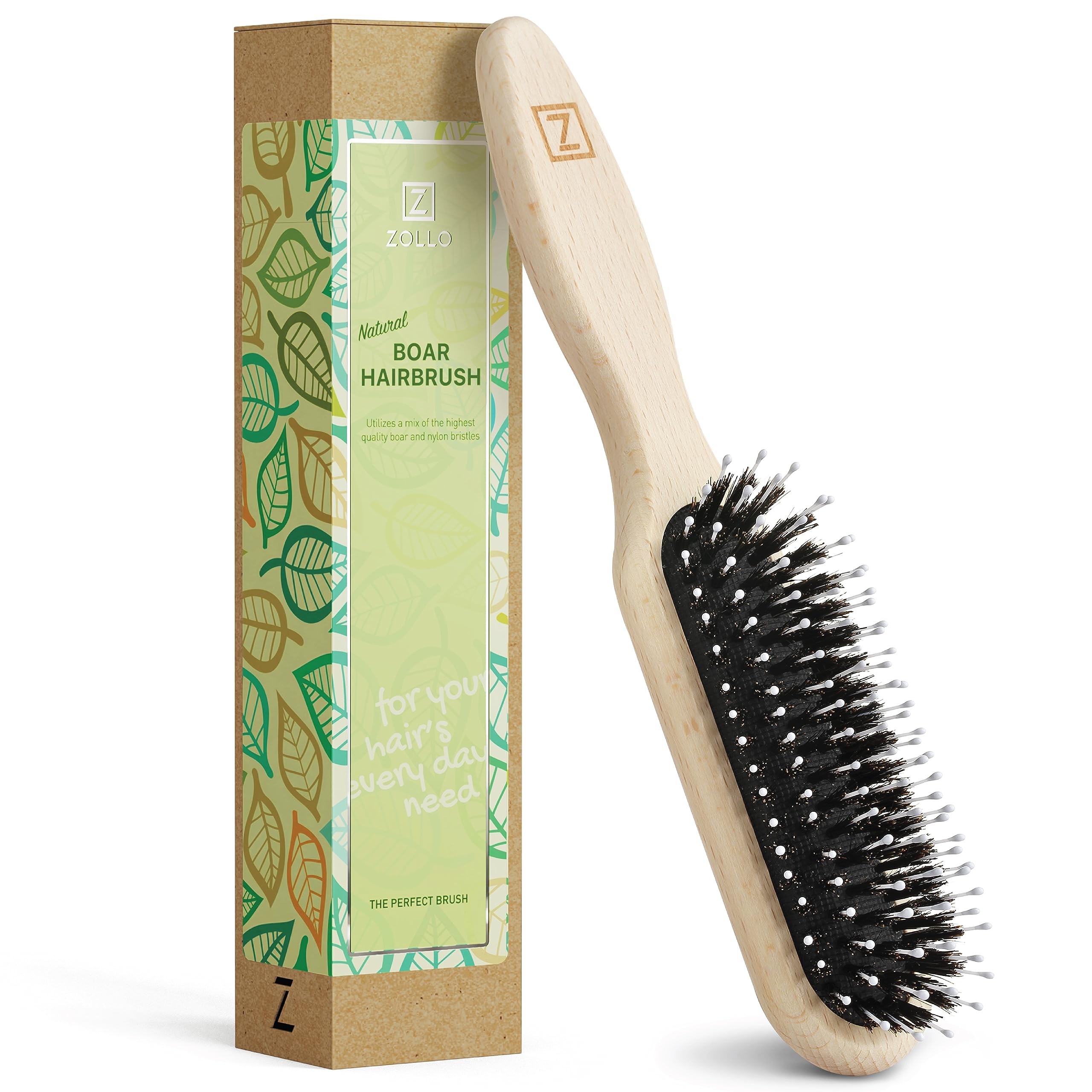 Zollo natural boar bristle hair brush front view for gentle detangling and shine.