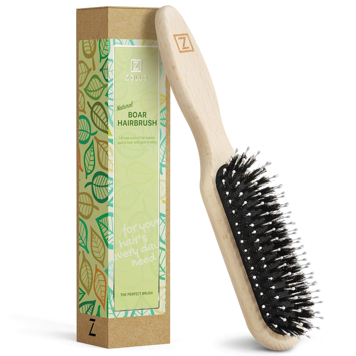Zollo natural boar bristle hair brush front view for gentle detangling and shine.