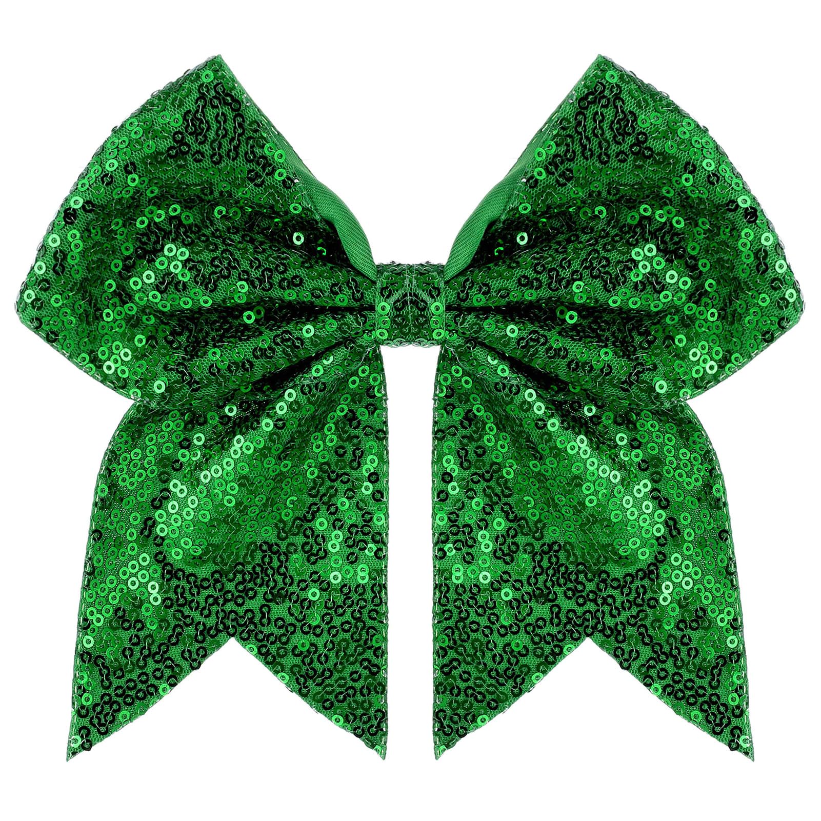 Zolyco large glitter cheer bow 7in green close-up adds standout sparkle to cheer outfits.