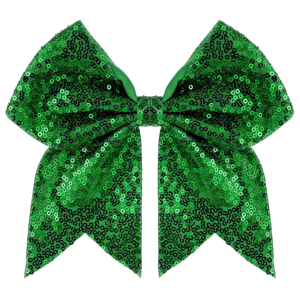 Zolyco large glitter cheer bow 7in green close-up adds standout sparkle to cheer outfits.