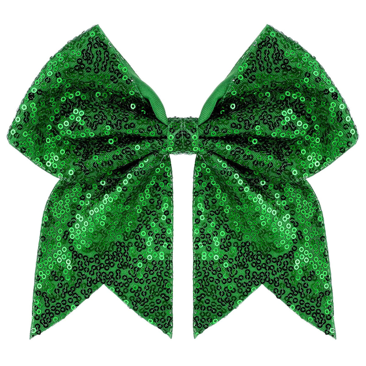 Zolyco large glitter cheer bow 7in green close-up adds standout sparkle to cheer outfits.