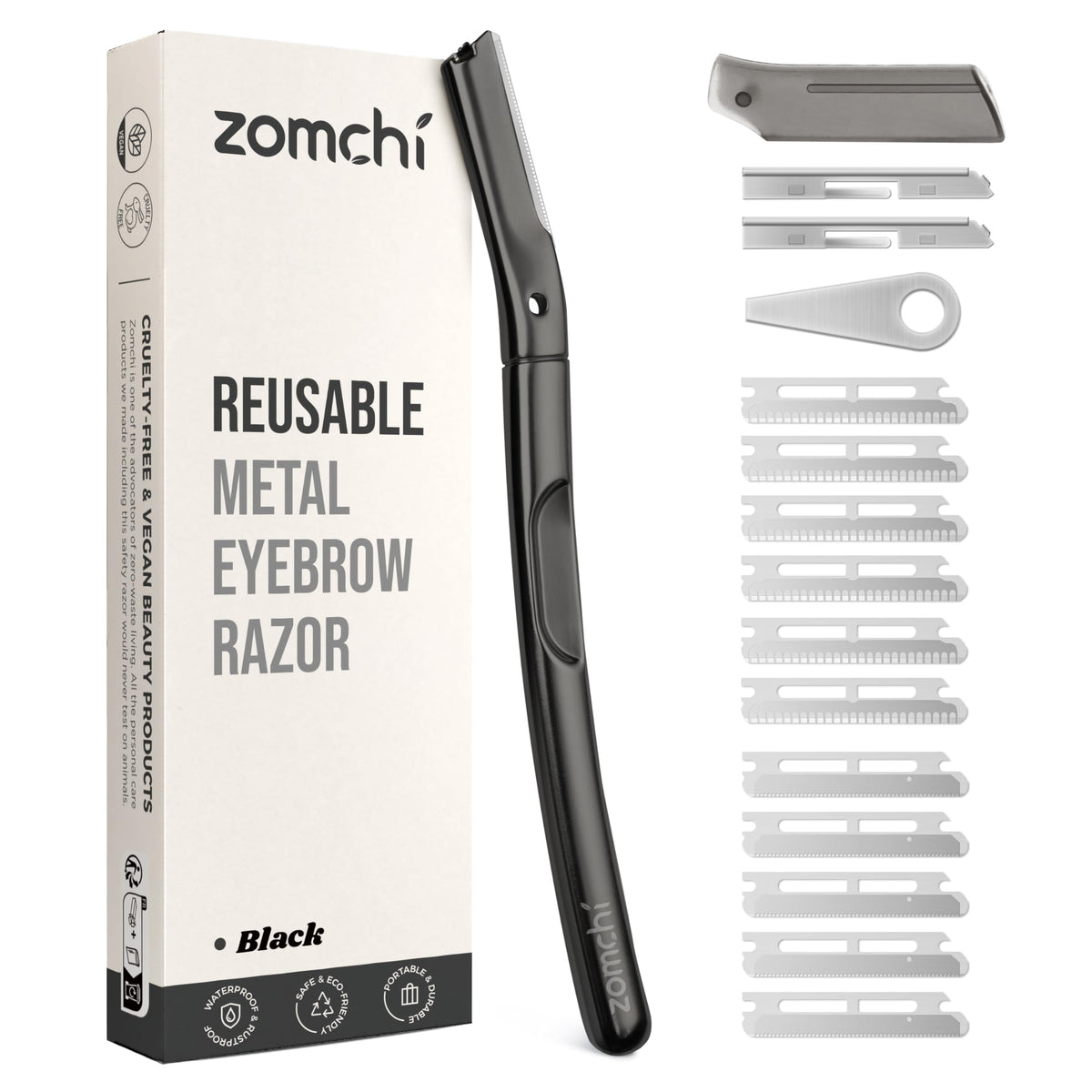 ZOMCHI dermaplaning tool with matte black handle offering precise exfoliation and peach fuzz removal