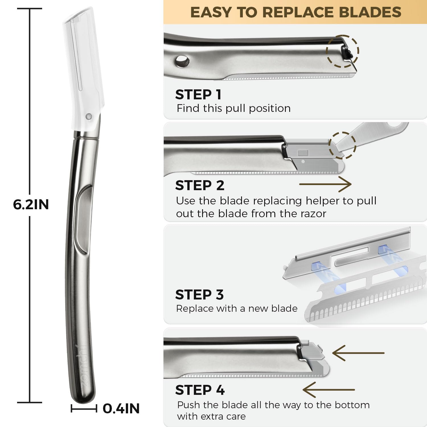 ZOMCHI dermaplaning tool in-use on the face demonstrates a smooth, refreshed look